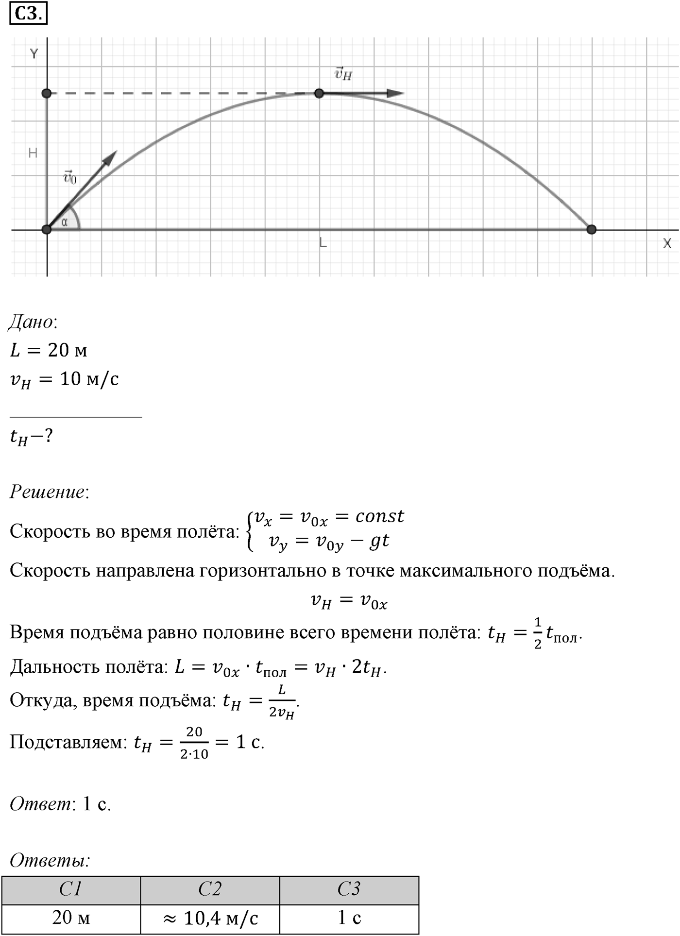 Глава 1. Кинематика точки и твёрдого тела. §13. Движение с постоянным ускорением свободного падения. Параграф №13 задание ЕГЭ C3 — решение 1