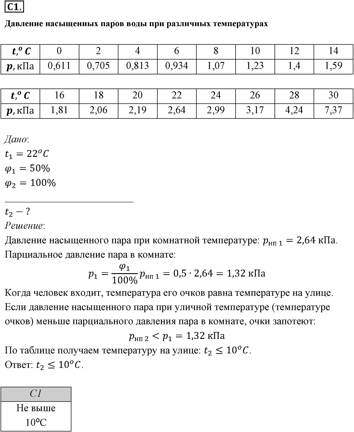 Глава 11. Взаимные превращения жидкостей и газов. §71. Примеры решения задач по теме «Насыщенный пар. Влажность воздуха». Параграф №71 задание ЕГЭ C1 — решение 1