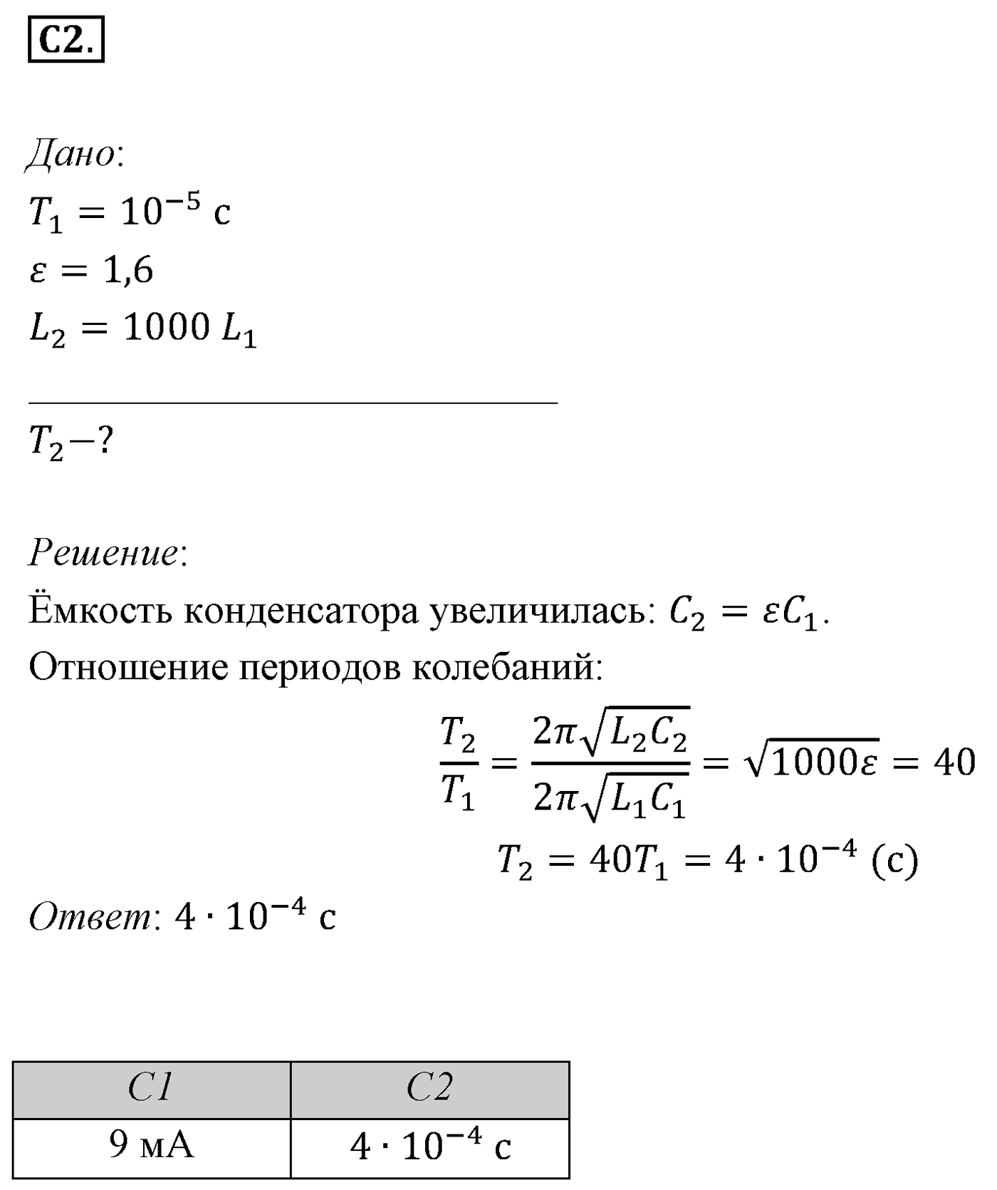 Глава 4. Электромагнитные колебания. §20. Примеры решения задач по теме «Гармонические электромагнитные колебания». Параграф 20 задание к ЕГЭ С2 — решение 1
