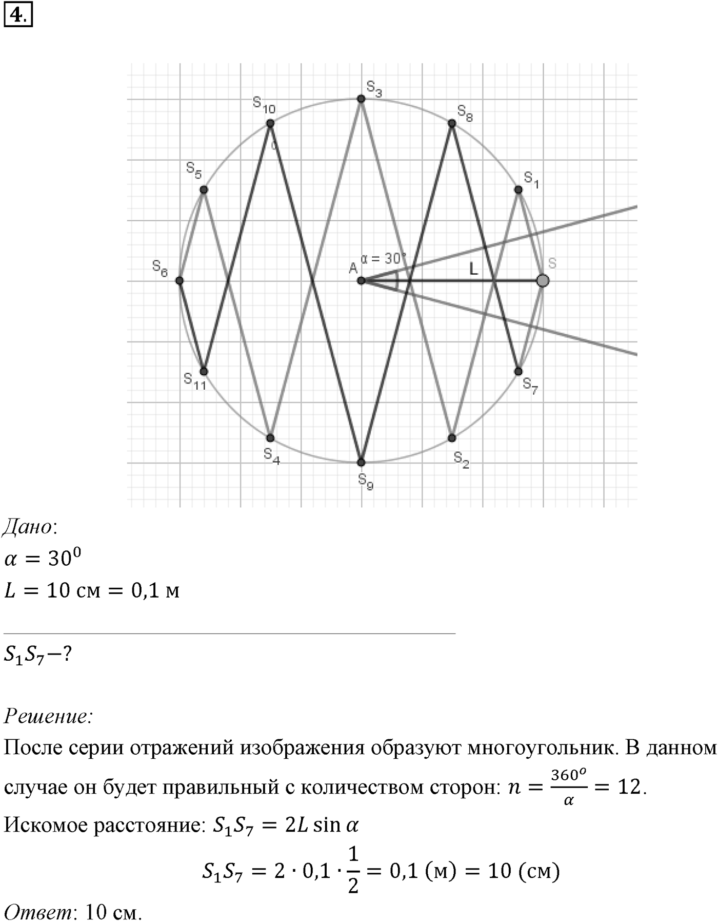 Глава 7. Световые волны. §46. Примеры решения задач по теме «Закон прямолинейного распространения света. Законы отражения света». Параграф 46 задача для самостоятельного решения №4 — решение 1