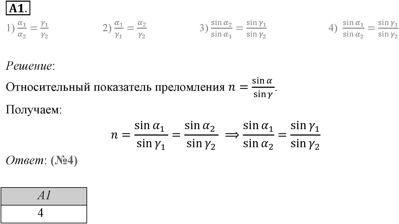 Глава 7. Световые волны. §47. Законы преломления света. Параграф 47 задание к ЕГЭ А1 — решение 1