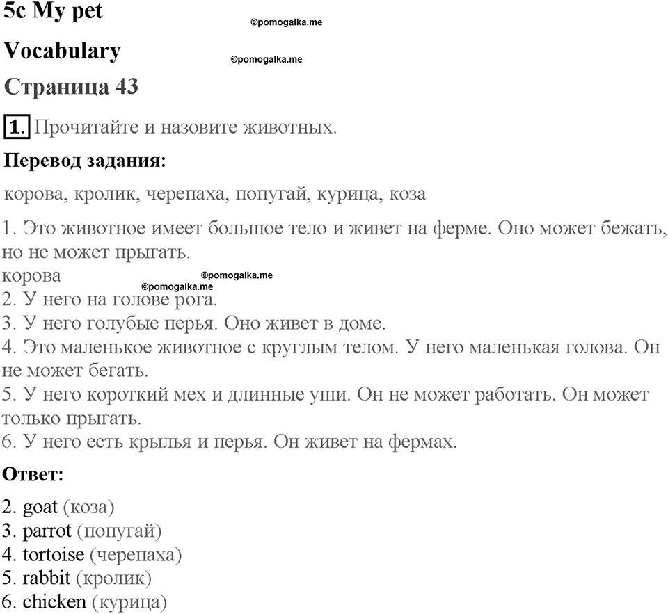 Module 5. Страница 43. 5c. My pet. Задание №1 — решение 1