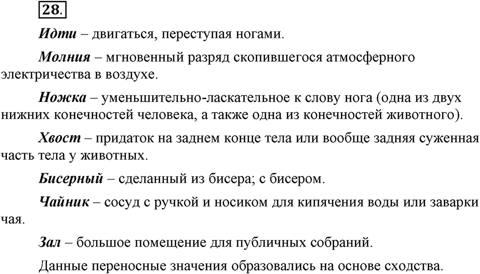 В чем заключается богатство языка. §6. Прямое и переносное значение слова. Глава 4. Упражнение №28 — решение 1