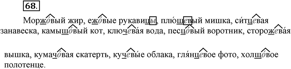 Что такое современный язык. §10. Буквы О и Е после шипящих и Ц в суффиксах и окончаниях имен прилагательных. Глава 7. Упражнение №68 — решение 1