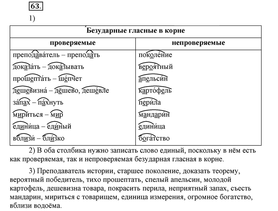 Наш родной язык. §11. Безударные гласные в корне слова. Глава 1. Упражнение №63 — решение 1