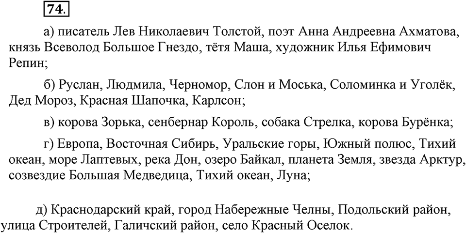Чем различаются устная и письменная речь. §12. Прописная буква в именах собственных. Глава 6. Упражнение №74 — решение 1