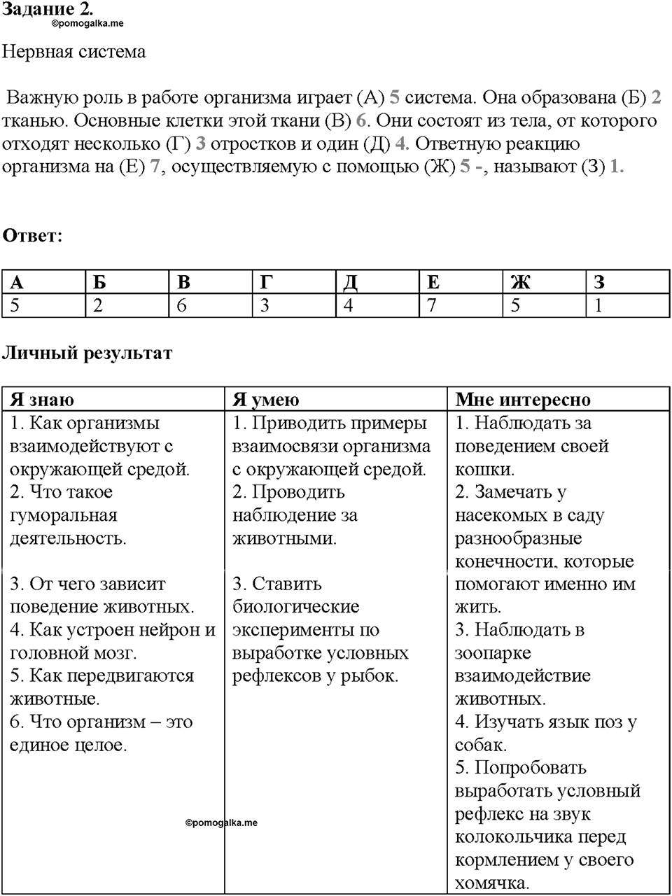 Глава 5. Регуляция жизнедеятельности организмов. Урок 27. Страницы 70-72. Номер №2 — решение 1