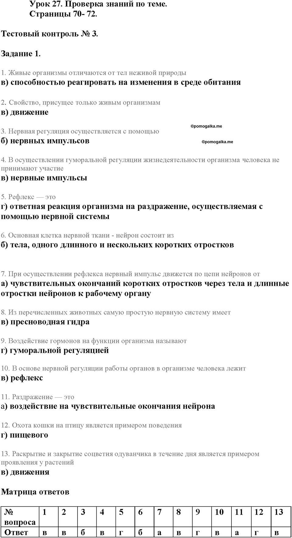 Глава 5. Регуляция жизнедеятельности организмов. Урок 27. Страницы 70-72. Номер №1 — решение 1