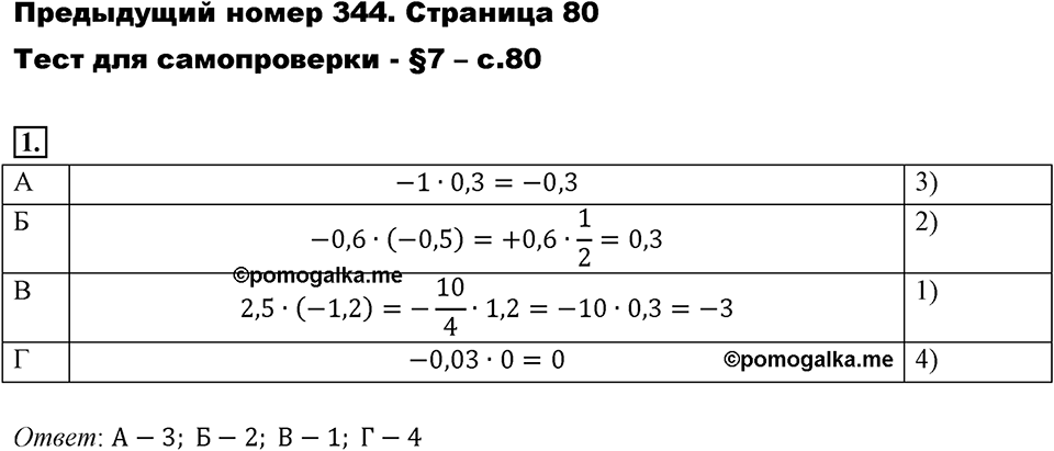 Часть 2. Рациональные числа. §7. Умножение и деление положительных и отрицательных чисел. Часть 2, страница 80, тест №1 — решение 1