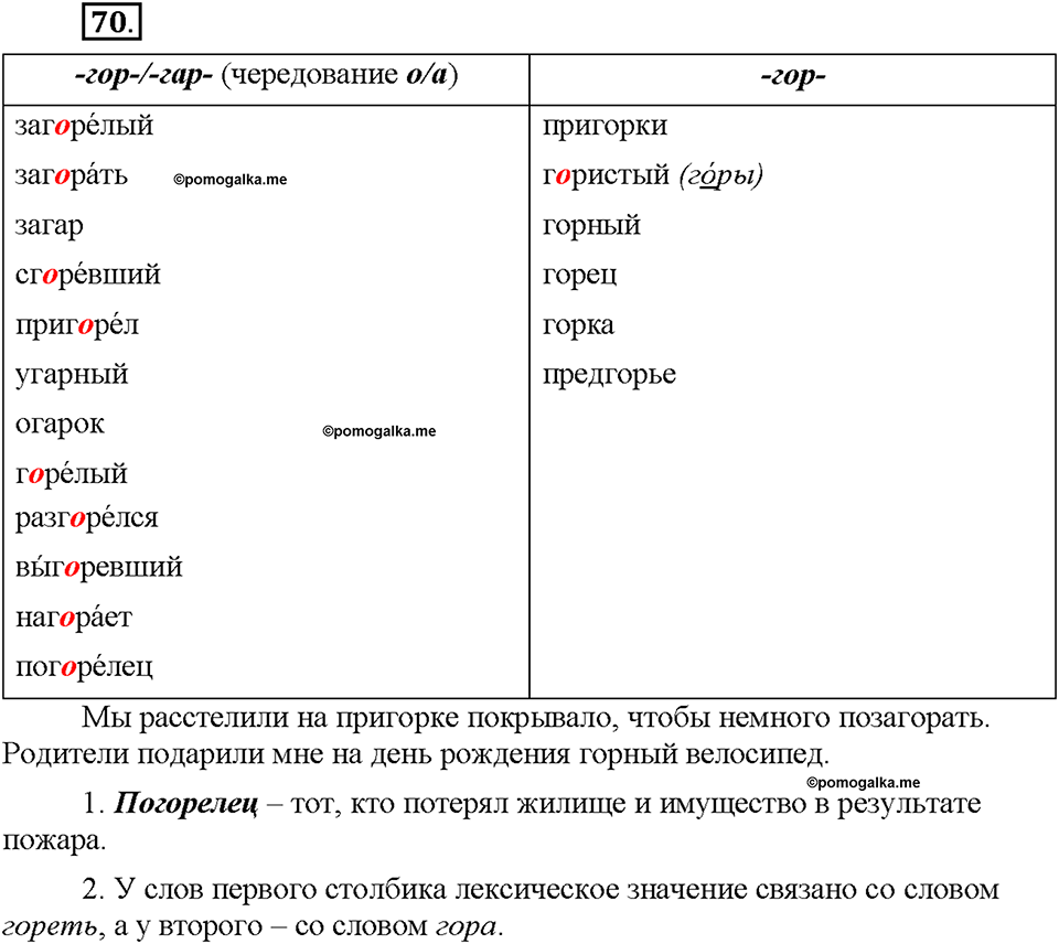 Часть 1. §10. Буквы О и А в корнях -гор-/-гар-, -зор-/-зар-, -раст-/-рос-. Упражнение №70 — решение 1