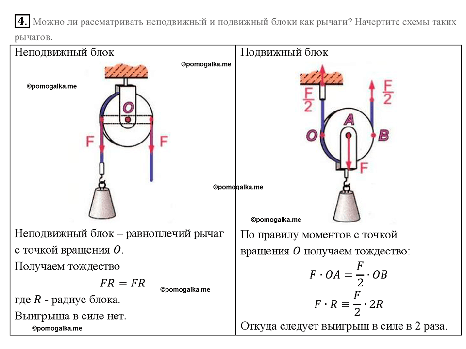 Глава 4. Работа и мощность. Энергия. Применение правила равновесия рычага к блоку. §61. Вопрос №4 — решение 1