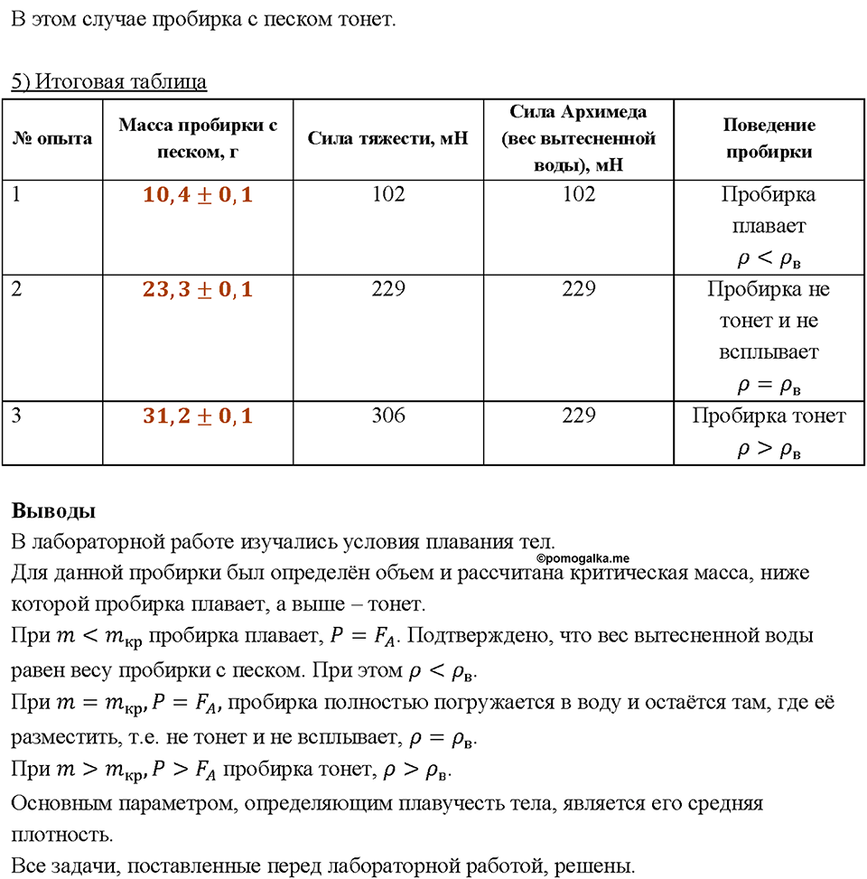 Выяснение условий плавания тела в жидкости. Лабораторная работа №9 — решение 3