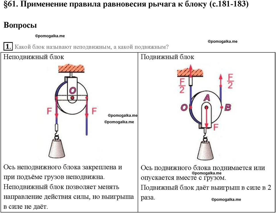 Глава 4. Работа и мощность. Энергия. Применение правила равновесия рычага к блоку. §61. Вопрос №1 — решение 1