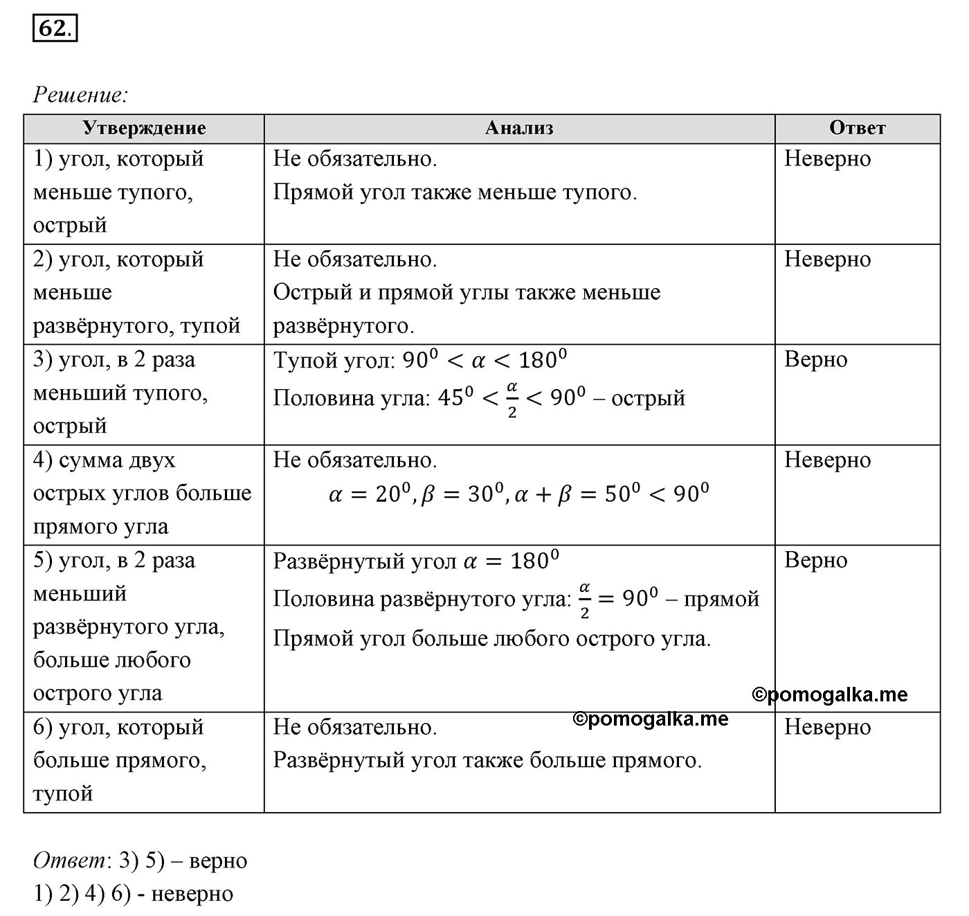 §3. Луч. Угол. Измерение углов. Номер №62 — решение 1