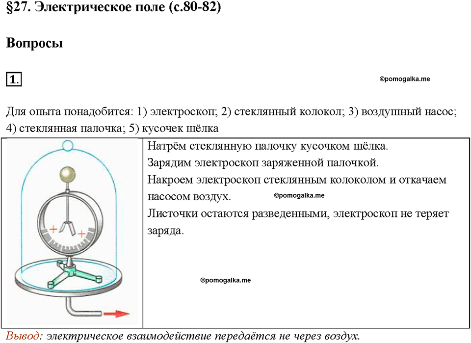 Глава 2. Электрические явления. §27. Электрическое поле. Вопрос №1 — решение 1