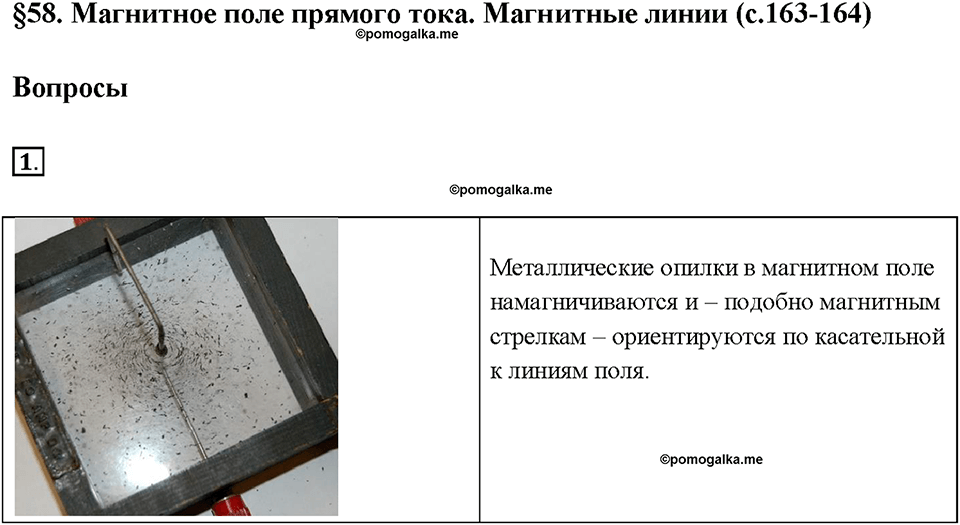 Глава 3. Электромагнитные явления. §58. Магнитное поле прямого тока. Магнитные линии. Вопрос №1 — решение 1