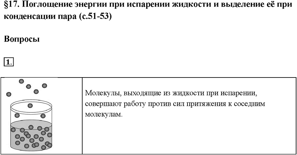 Глава 1. Тепловые явления. §17. Поглощение энергии при испарении жидкости и выделение её при конденсации пара. Вопрос №1 — решение 1