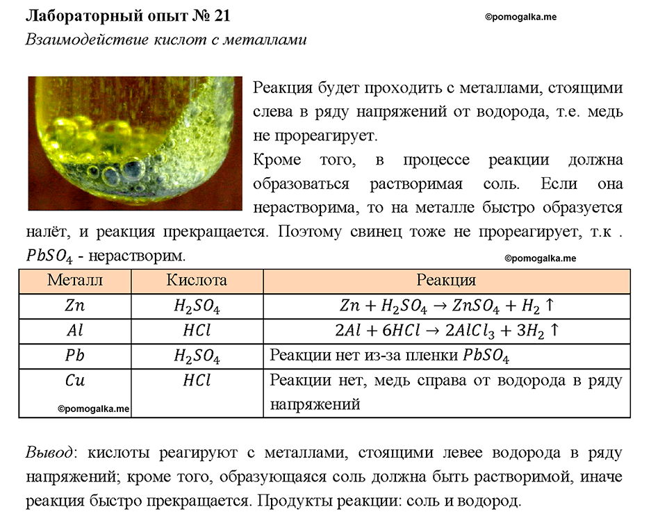 Глава 5. Растворение. Растворы. Реакции ионного обмена и окислительно-восстановительные реакции. Лабораторный опыт №21. Взаимодействие кислот с металлами — решение 1