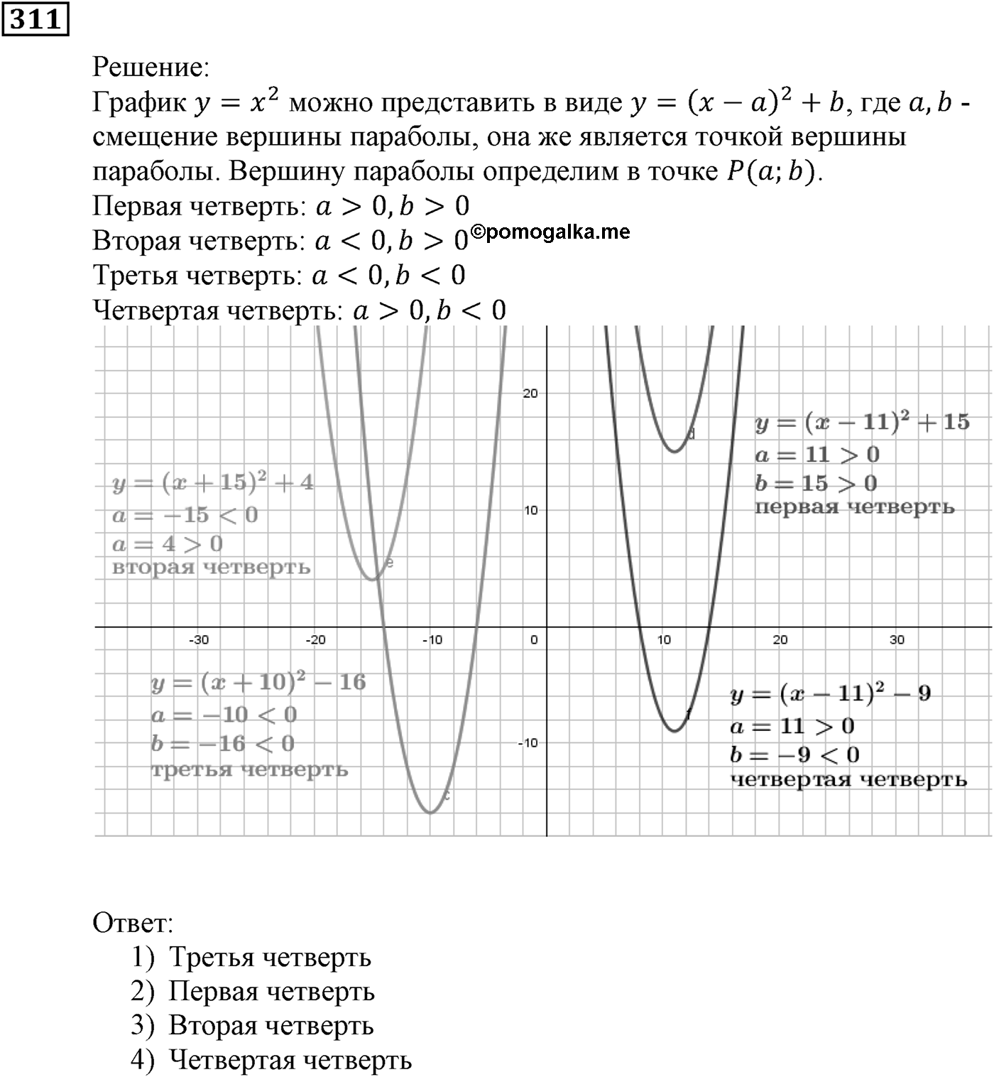 Квадратная функция. §10. Построение графиков функций y=f(x)+b и y=f(x+a). Номер №311 — решение 1