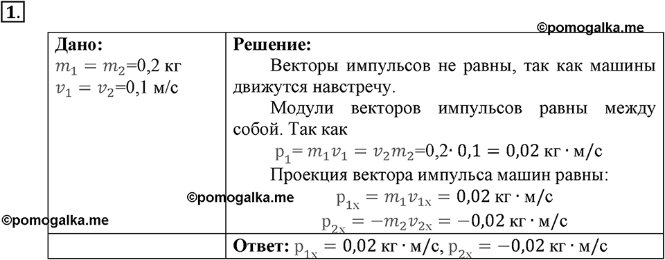 Законы взаимодействия и движения тел. §20. Импульс тела. Закон сохранения импульса. Параграф §20 упражнение 20 №1 — решение 1