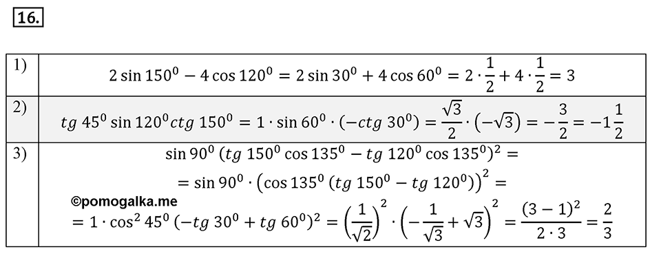 §1. Тригонометрические Функции угла от 0° до 180°. Номер №16 — решение 1