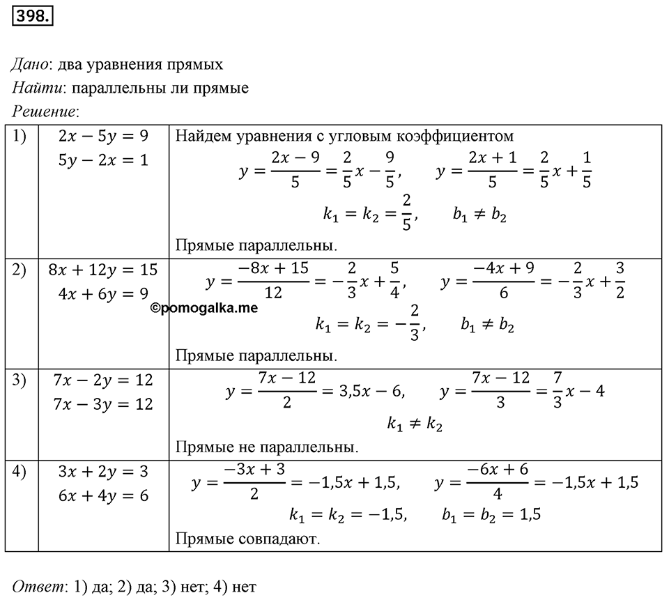 §11. Угловой коэффициент прямой. Номер №398 — решение 1