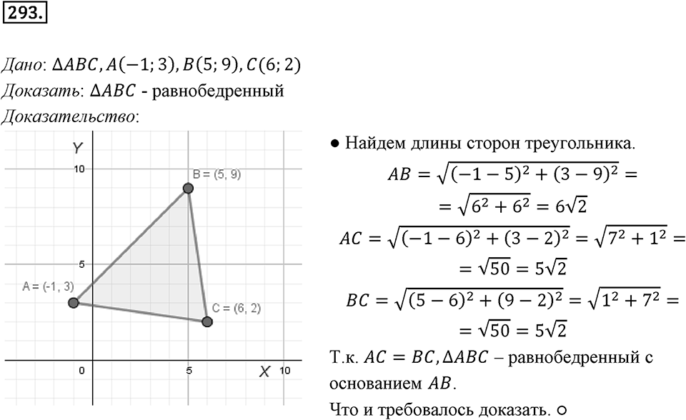 §8. Расстояние между двумя точками с заданными координатами. Координаты середины отрезка. Номер №293 — решение 1