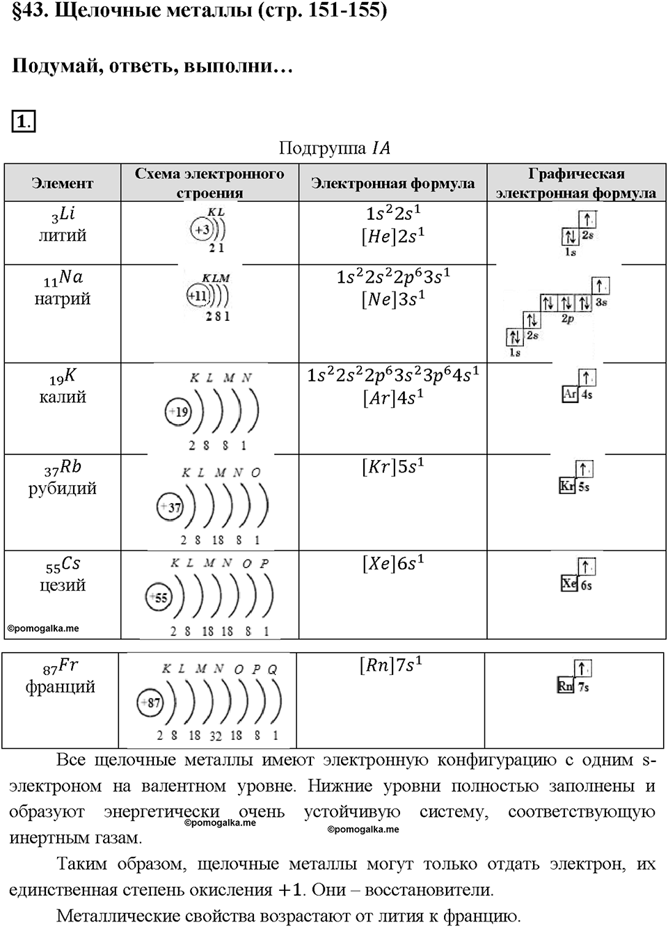Глава седьмая. Металлы. §43. Щелочные металлы. (стр. 151-155). Подумай, ответь, выполни. Задание №1 — решение 1